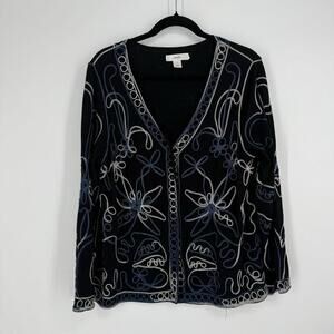 Vintage cardigan womens black embroidered floral artsy blue top y2k 90s boho